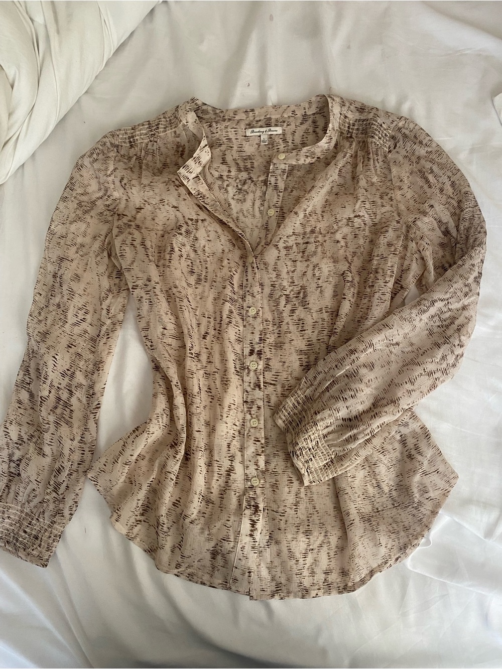 Button-Down Printed Long-Sleeve Silk Blouse - Beige sz Large